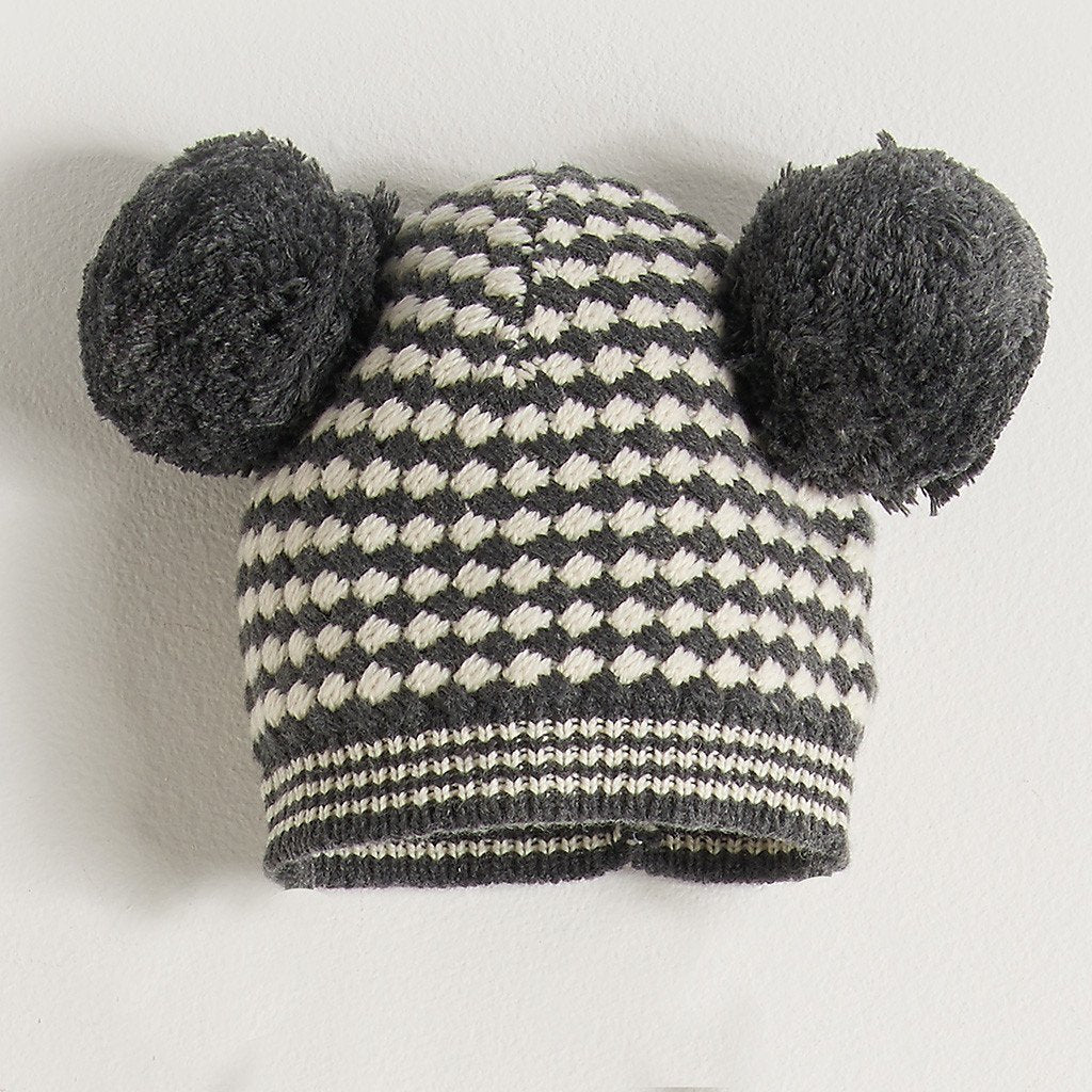 MINNIE - Unisex Kids Chunky Knitted Pom Pom Hat with Ears - Monochrome