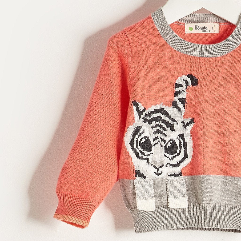 RAFFA - Baby Girl Knitted Tiger Sweater - Sorbet