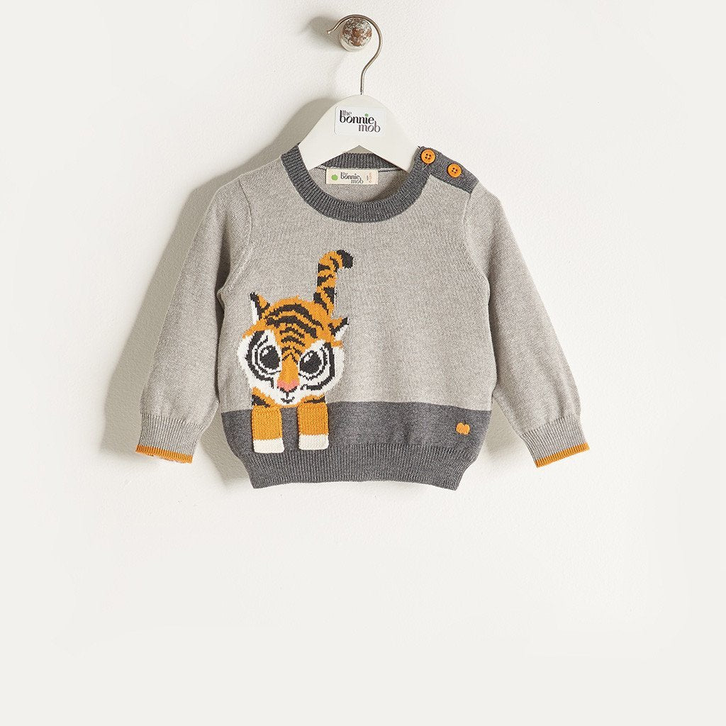 RAFFA - Unisex Baby Knitted Tiger Sweater - Grey