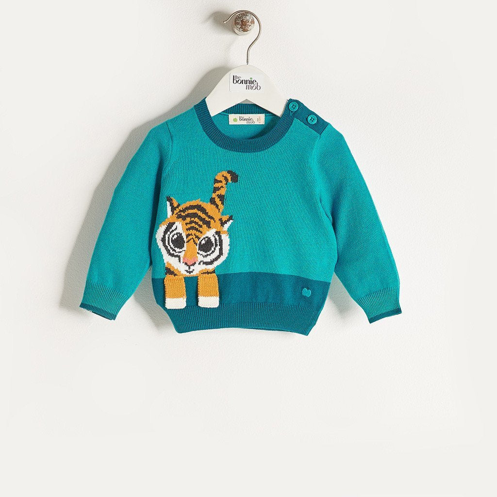 RAFFA - Unisex Baby Knitted Tiger Sweater - Teal