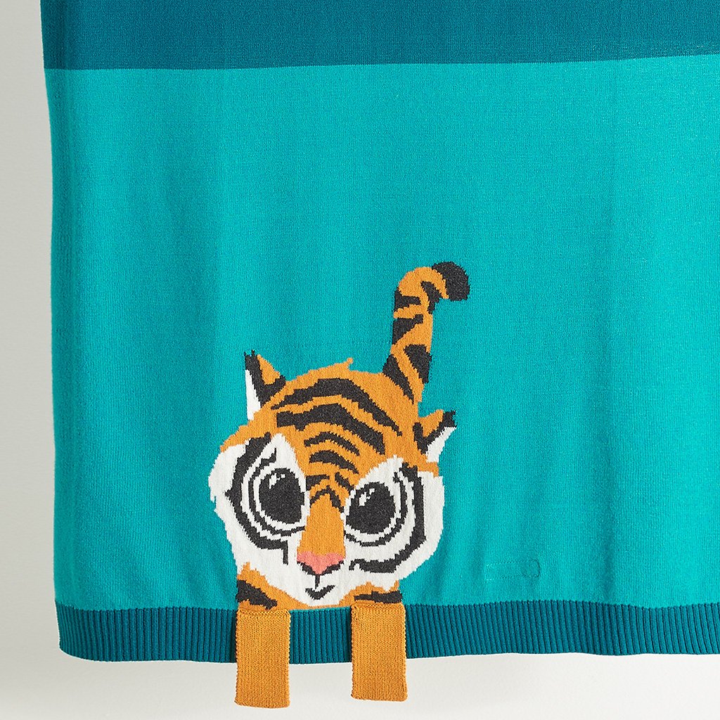 ROBBIE - Unisex Knitted Tiger Baby Blanket - Teal
